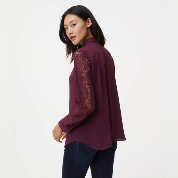 Loft Burgundy Plum Dressy Long Sleeve Lace Blouse Button Down Top Shirt XS - Picture 6 of 10
